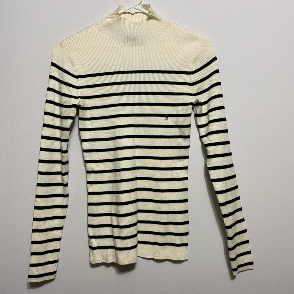 Attention Mock Neck Top Womens Sz Small Ribbed Knit Cotton Black White Stripe
